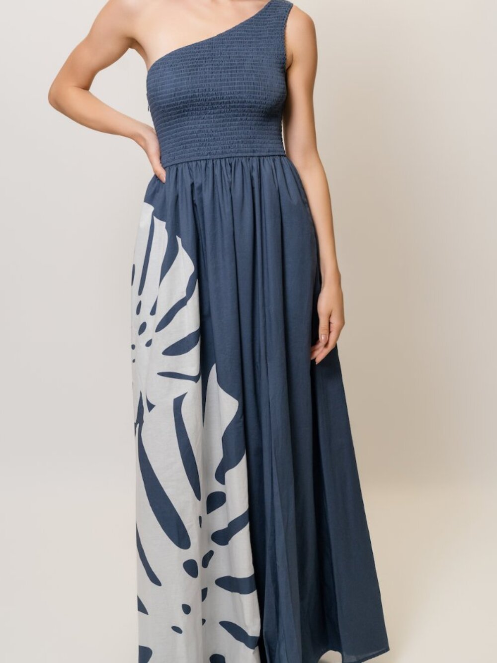 Hutch Destin One-Shoulder Navy and Cream Tropical Women's Cotton Maxi Dress